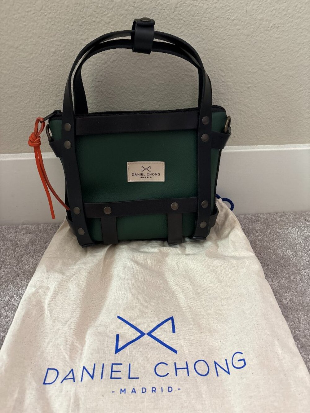 NEW Daniel Chong Madrid Harness Bag Black Leather Green Pouch